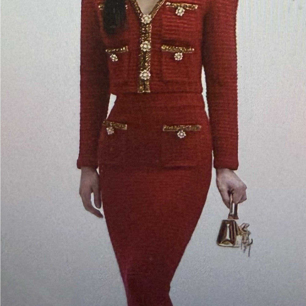 Self-Portrait Crimson Cardigan with Gold Details, new with tags size small - Picture 4 of 7